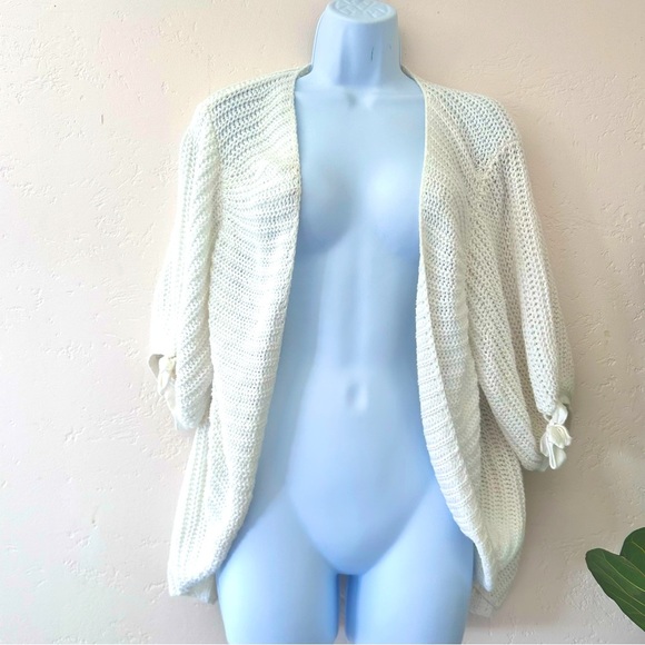 LANE BRYANT White Cotton Open Knit Tie Half Sleeve Open Front Cardigan 22 / 24 - Picture 1 of 7